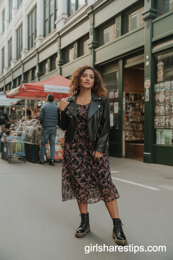 Black Leather Jacket with Floral Midi Dress and Combat Boots