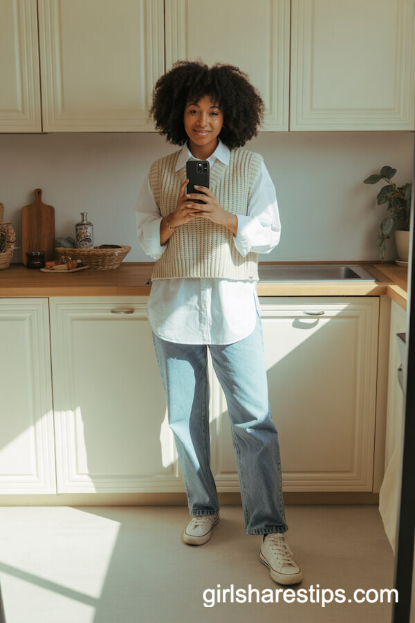 Cream Knit Vest with White Button-Down and Straight-Leg Jeans