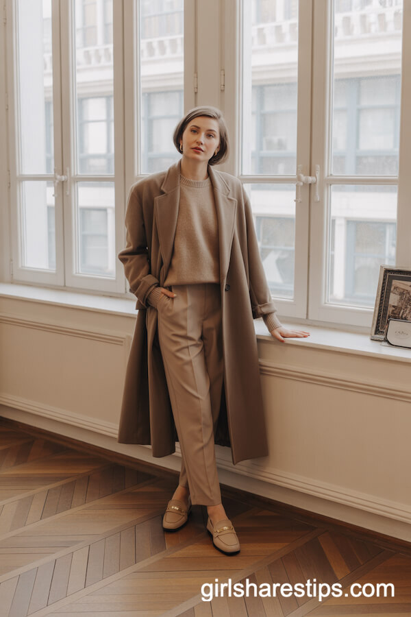 Earth-Tone Layers: Taupe Coat, Beige Sweater, and Matching Trousers