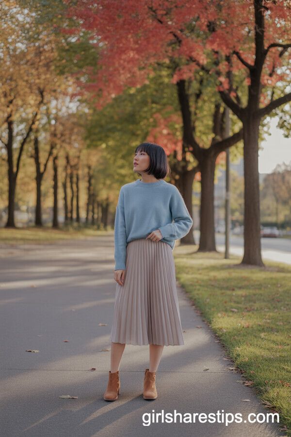 Pleated Midi Skirt with Soft Blue Sweater and Tan Booties