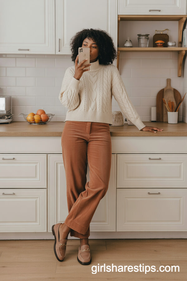 Cream Cable-Knit Sweater with Terracotta Corduroy Pants