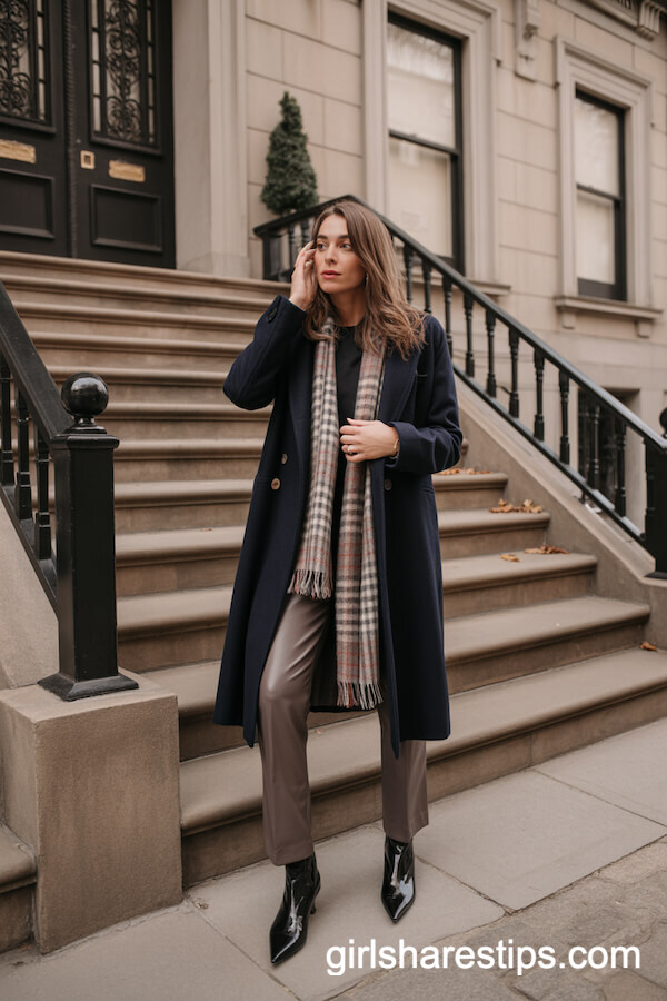 Navy Wool Coat with Plaid Scarf and Cigarette Pants