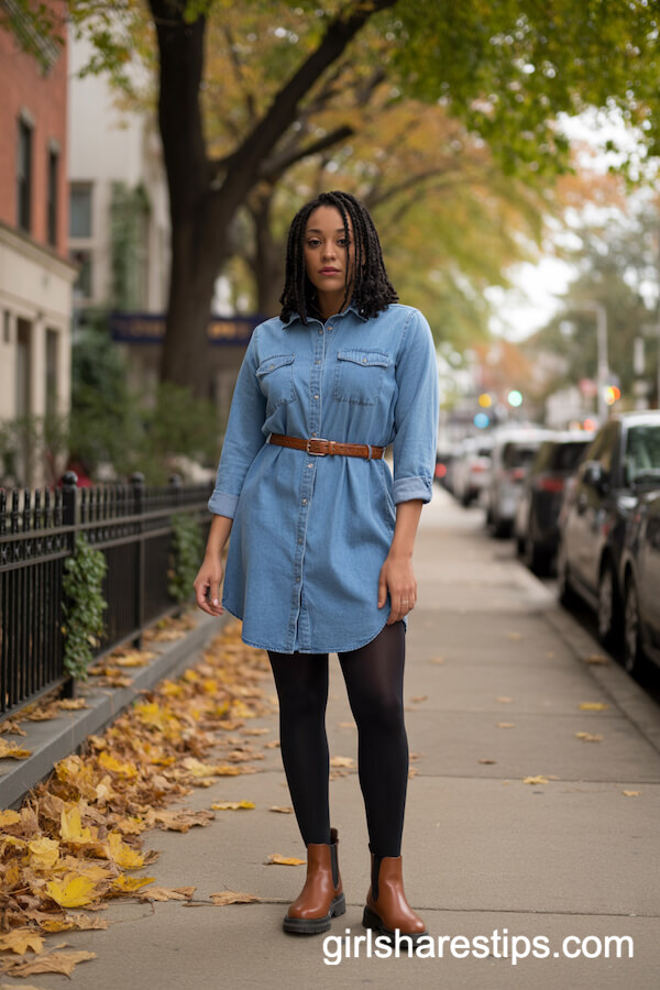 Belted Denim Shirt Dress with Black Tights and Chelsea Boots