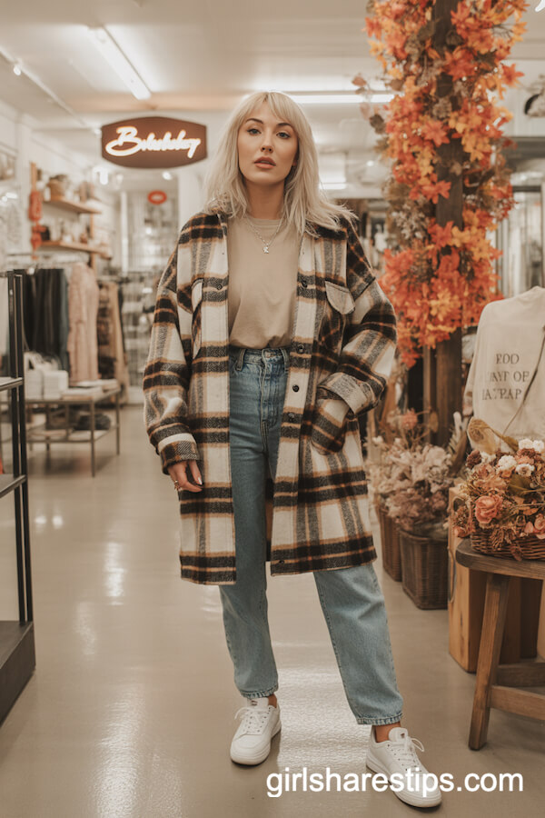 Oversized Plaid Shacket with High-Rise Jeans and White Sneakers