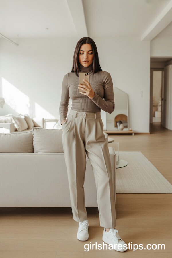 Fitted Turtleneck with High-Waisted Beige Trousers