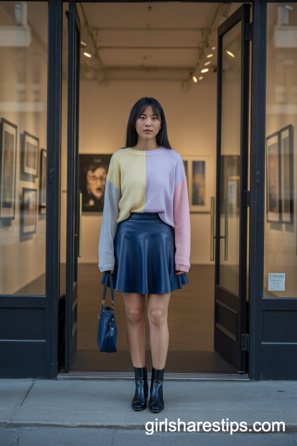 Color-Blocked Pastel Sweater with Navy A-Line Skirt