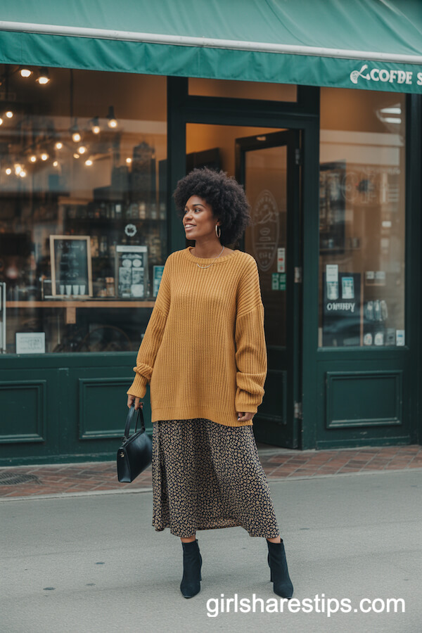 Oversized Mustard Sweater with Printed Midi Skirt
