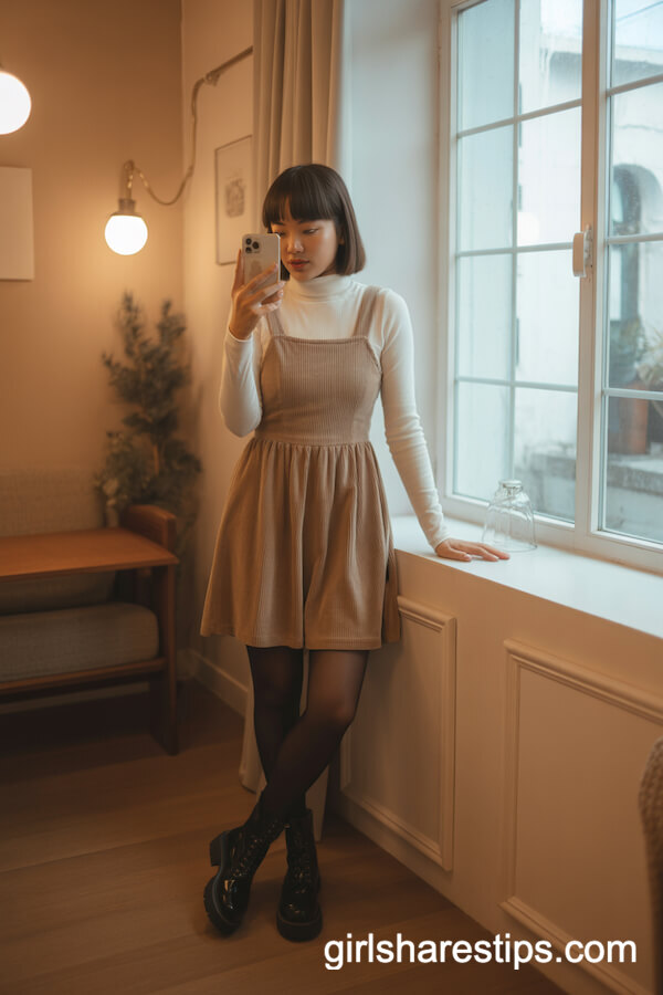 Cream Turtleneck with Brown Pinafore Dress and Black Tights