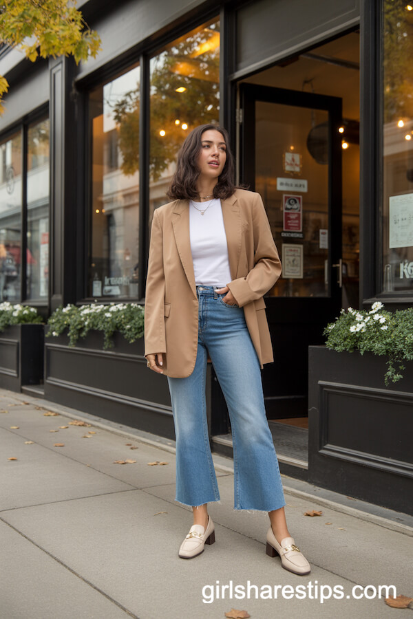 Loose-Fit Camel Blazer with Cropped Flare Jeans
