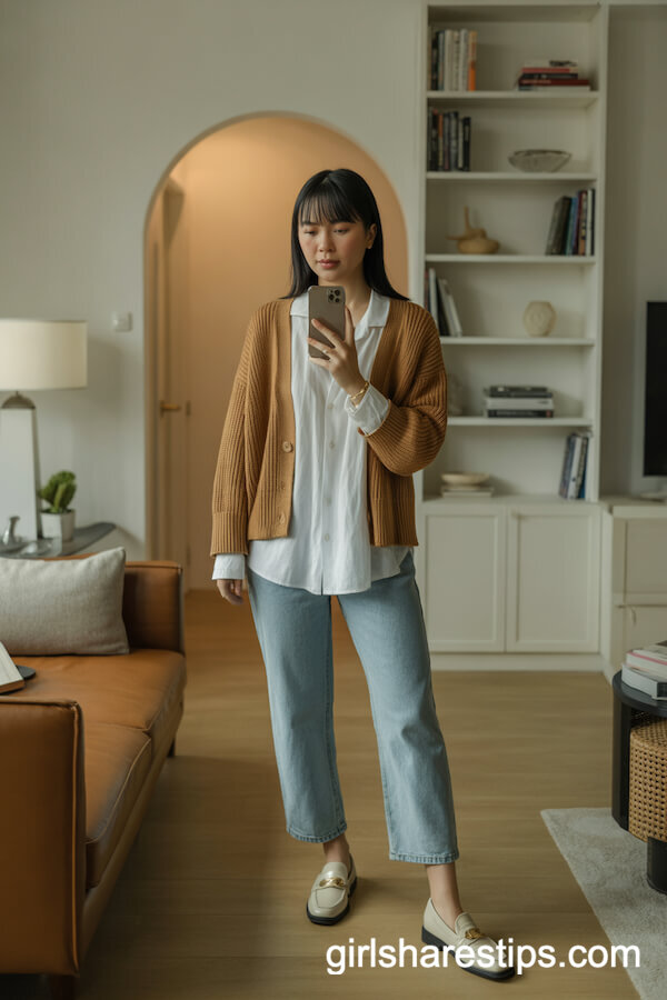 Flowy White Blouse with Caramel Cardigan and Straight Jeans