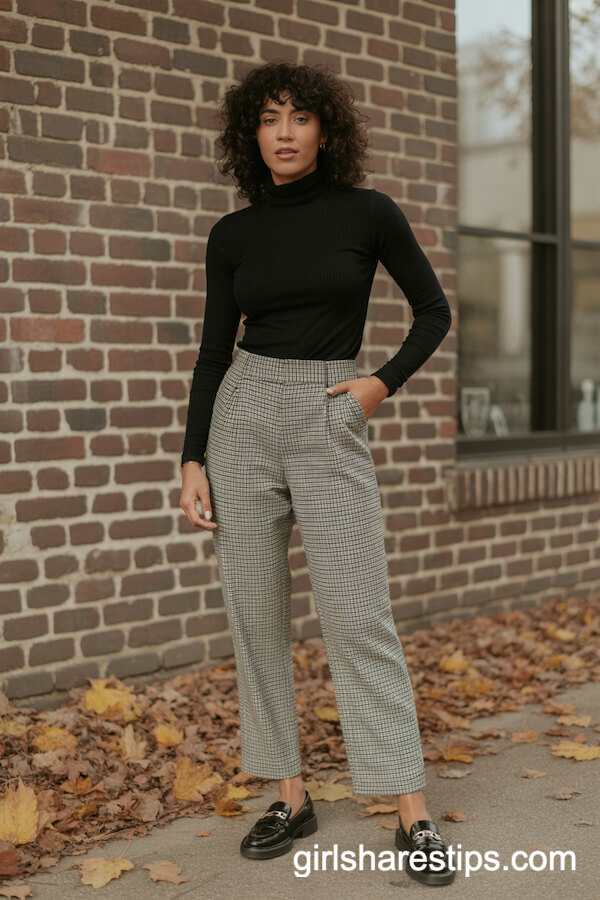 Black Turtleneck with High-Waist Plaid Trousers