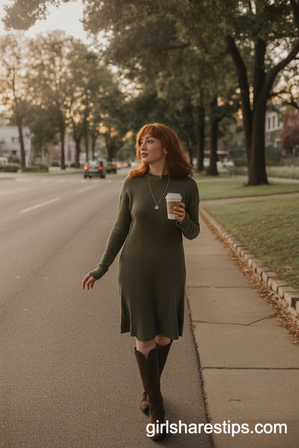 Olive Sweater Dress with Tall Brown Boots