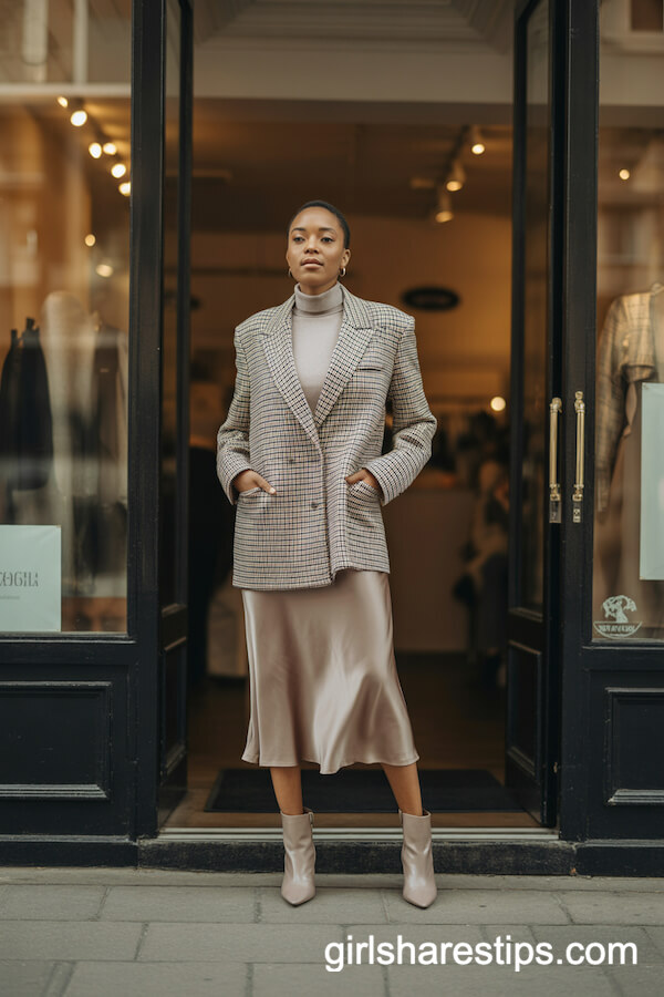 Checkered Blazer with Satin Midi Skirt and Turtleneck