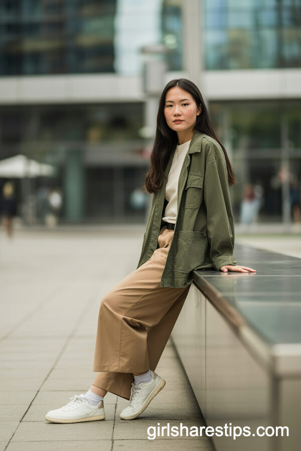 Army Green Utility Jacket with Tan Wide-Leg Pants
