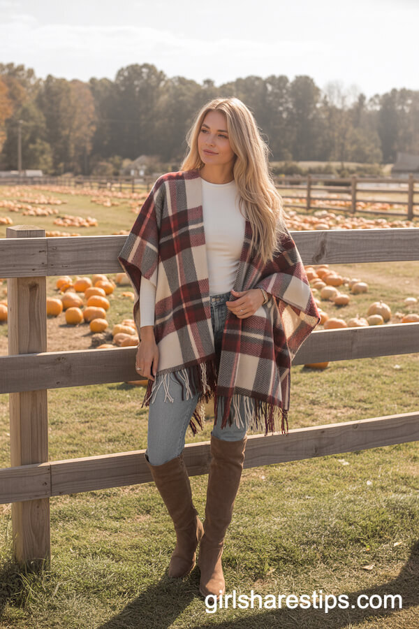 Plaid Poncho with Skinny Jeans and Knee-High Boots