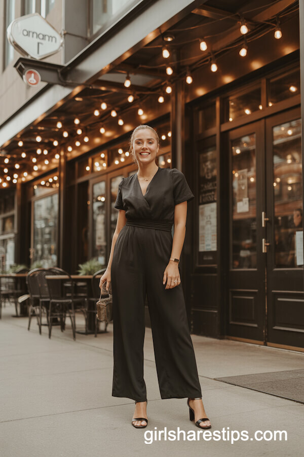 Black jumpsuit with cinched waist and wide-leg pants