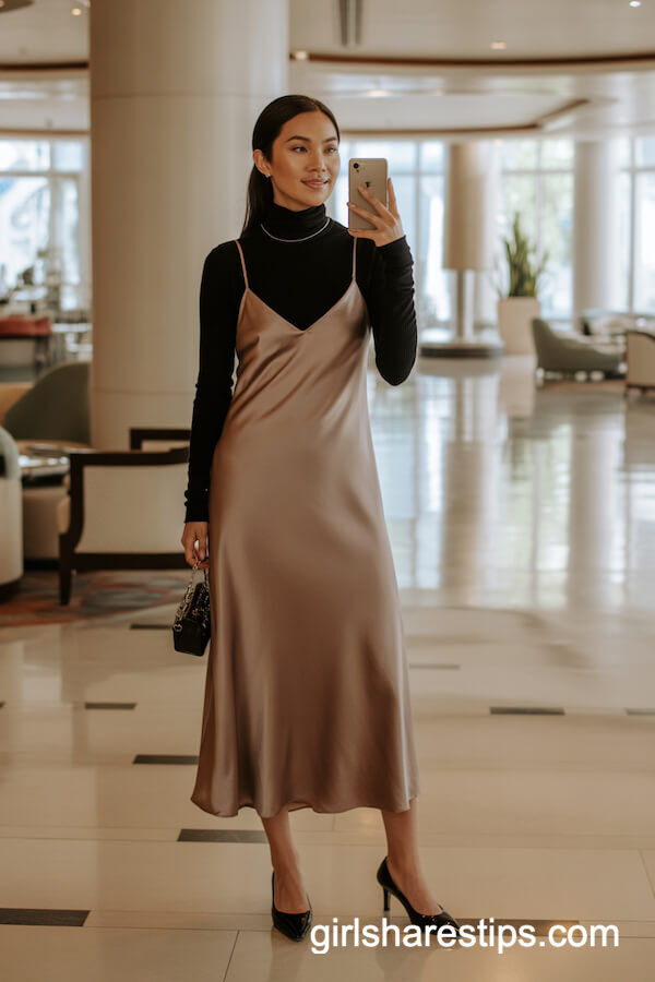 Long slip dress over slim black turtleneck