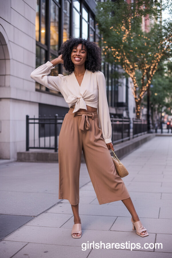 High-waisted culottes with cream bow blouse