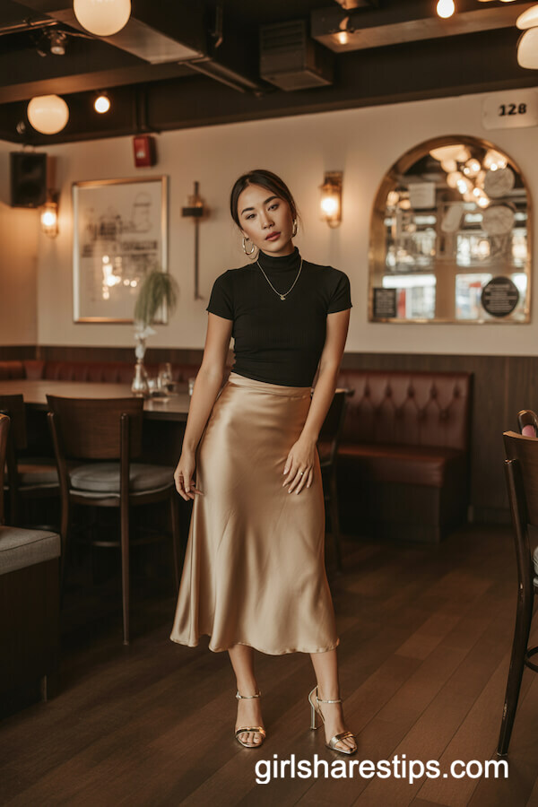 Fitted black top with gold satin midi skirt