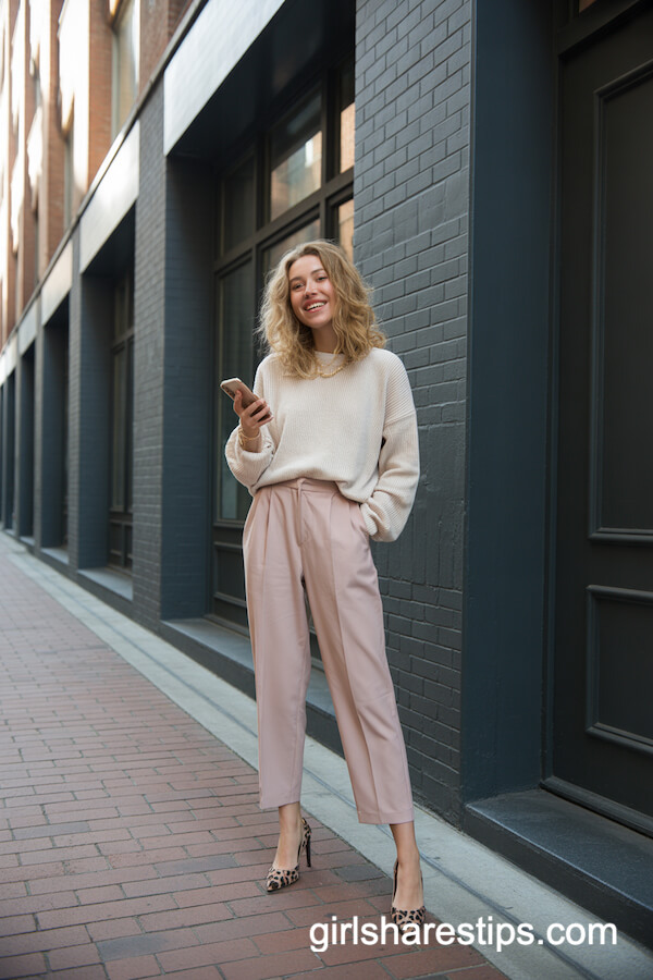 Cream sweater with blush pink ankle-length pants