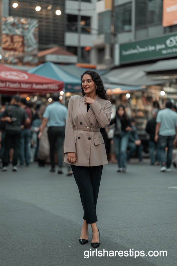 Belted blazer with slim black pants