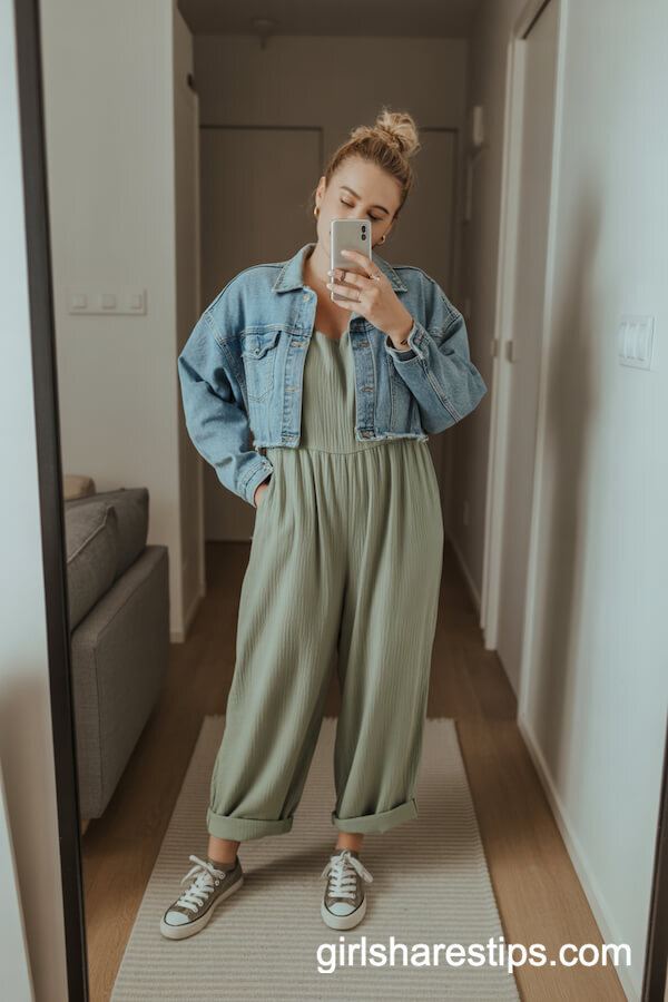Sage green jumpsuit with cropped denim jacket