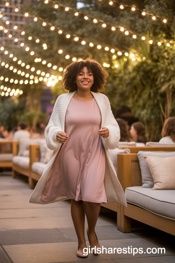 Soft pink A-line dress with white chunky cardigan