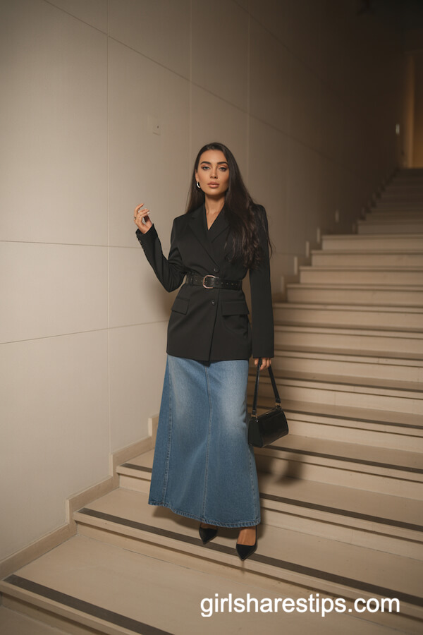 Tailored black blazer with long denim maxi skirt