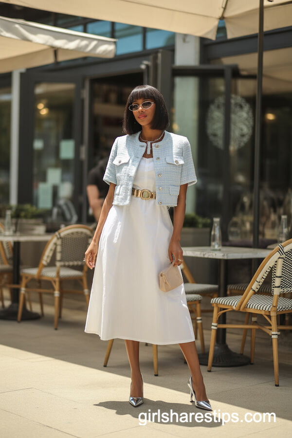 Cropped tweed jacket with white midi dress