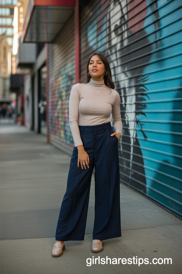 Beige turtleneck with wide-legged navy trousers