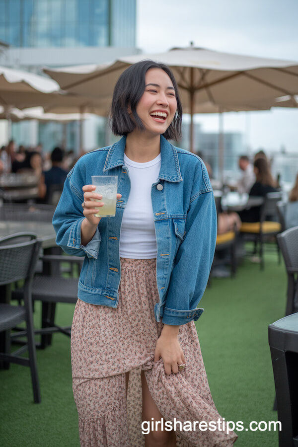 Floral maxi skirt with fitted white tee and denim jacket