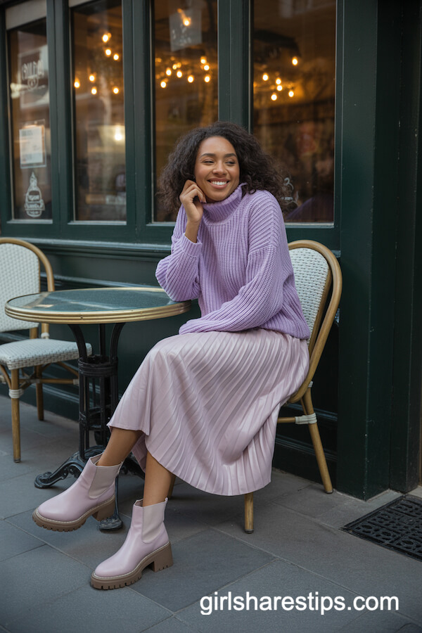 Midi pleated skirt with pastel chunky knit sweater