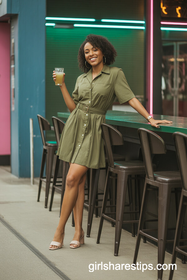 Belted olive green shirt dress