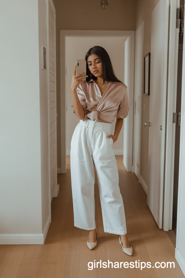 White high-waisted paperbag pants with blush blouse