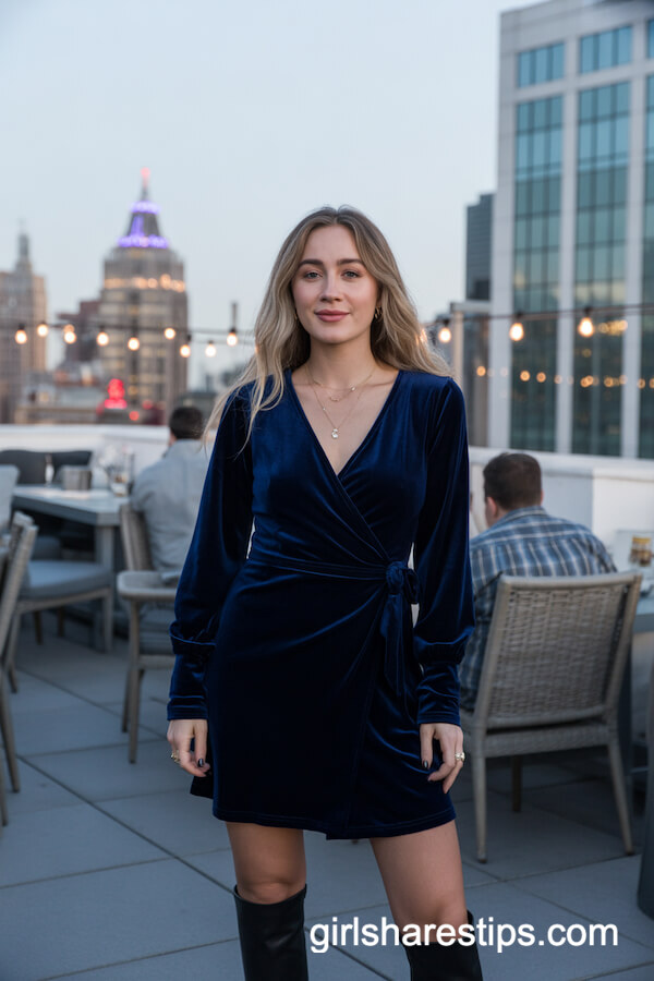 Navy velvet wrap dress with knee-high boots