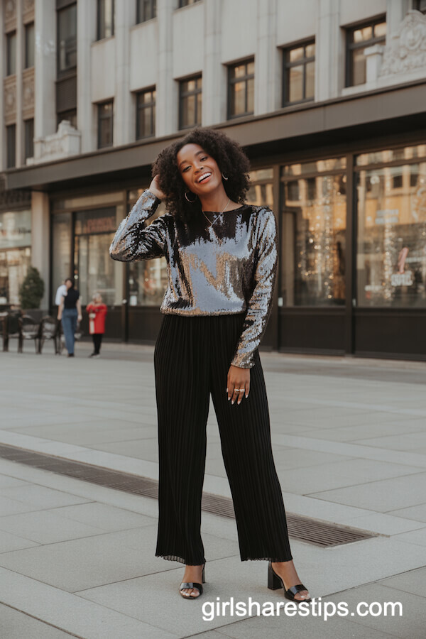 Silver sequin top with black pleated trousers