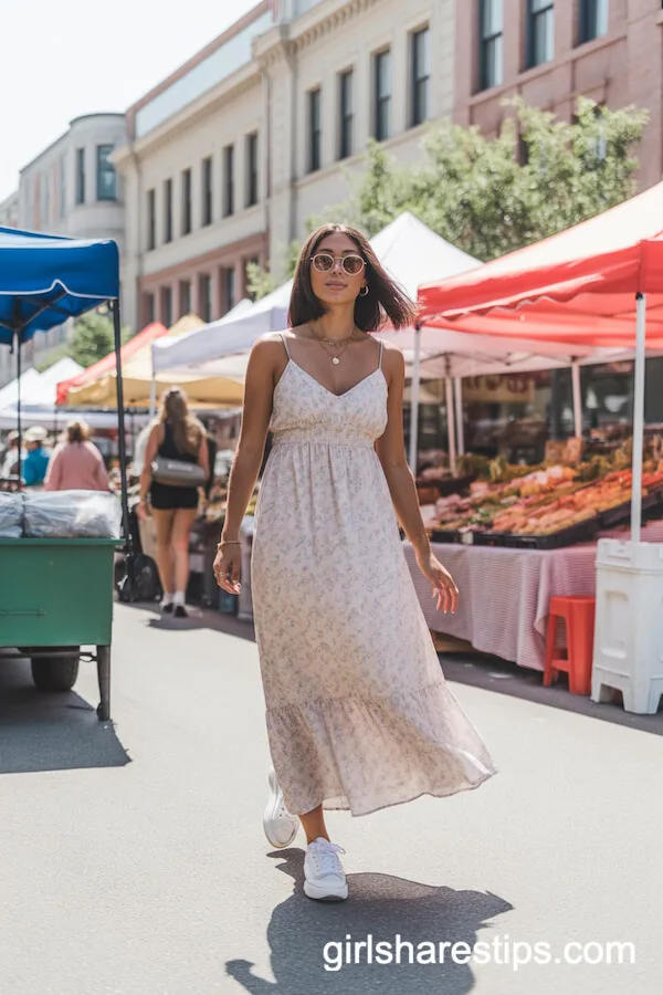 Pastel Floral Maxi Dress with White Sneakers and Minimal Gold Jewelry