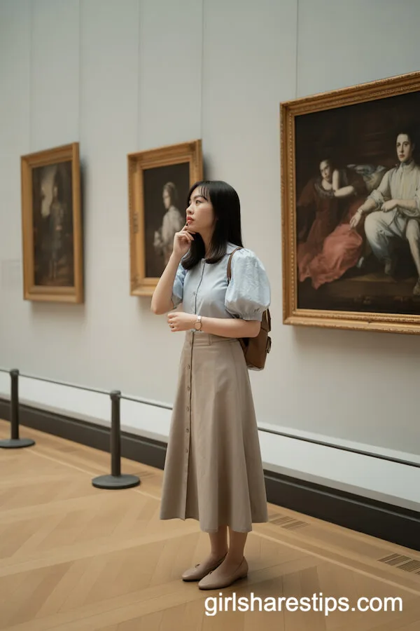 Modest A-Line Button-Up Skirt with Pale Blue Puff Sleeve Top and Ballet Flats