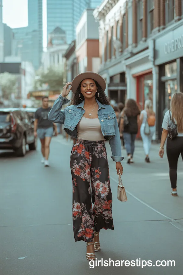 Bold Floral Palazzo Pants with Fitted Tank and Cropped Denim Jacket