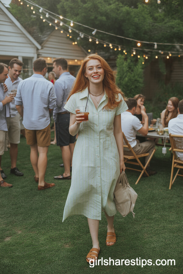 Pastel Cotton Midi Shirtdress with Brown Slide Sandals and Delicate Necklace