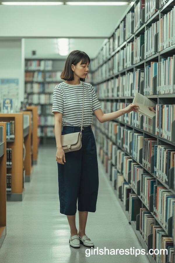 Navy Culottes with Striped Cotton Tee and Slingback Loafers