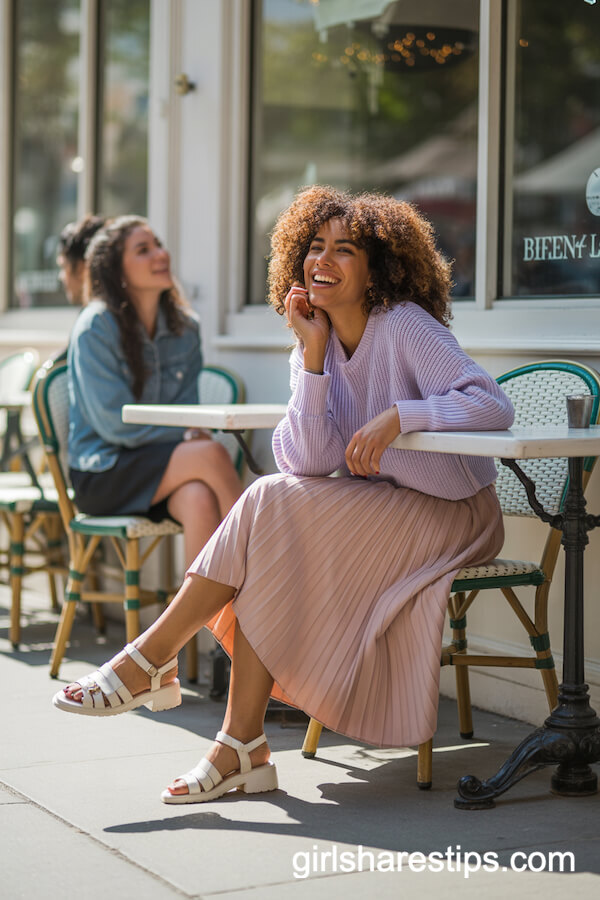 Lightweight Pastel Sweater with Pleated Midi Skirt and White Sandals