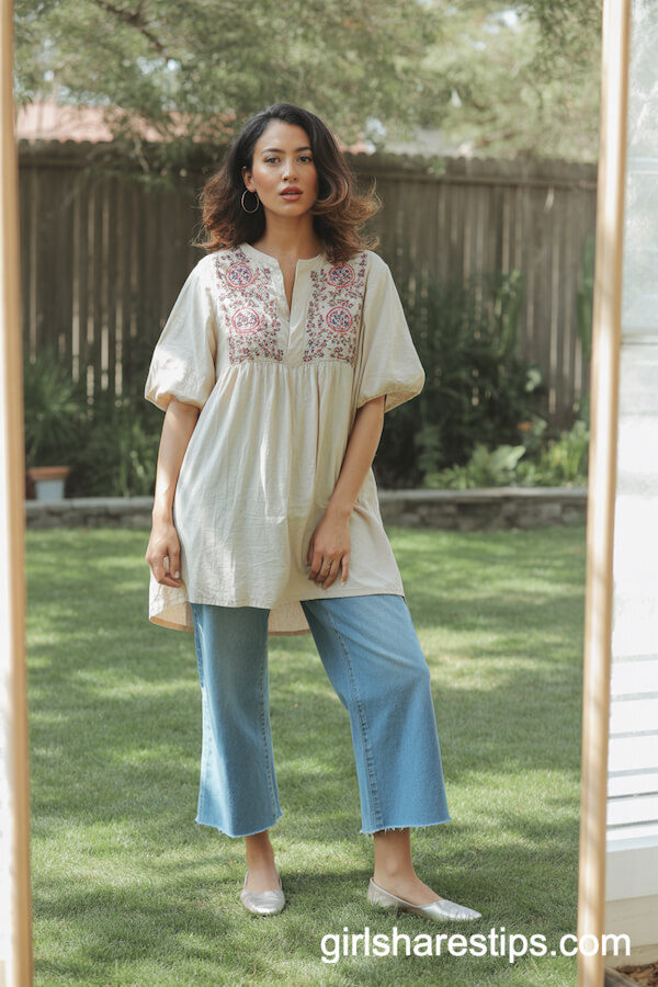 Embroidered Tunic over Cropped Blue Jeans with Slip-On Flats