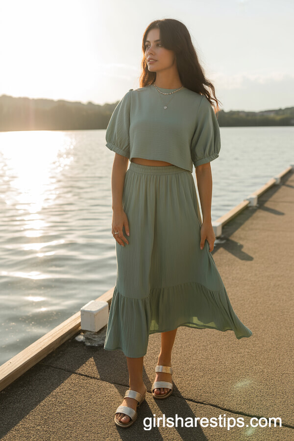 Two-Piece Matching Skirt Set with Short Sleeves and Midi-Length Skirt