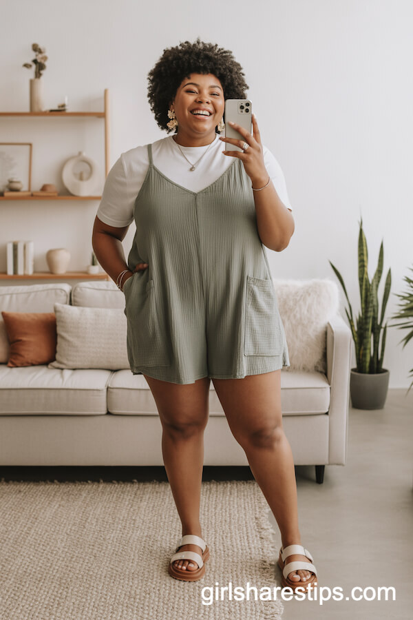 Loose-Fitting Short-Sleeve Romper Layered with White Tee and Chunky Sandals