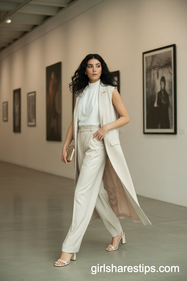 Cream Tailored Pants with High-Neck Blouse and Sleeveless Vest