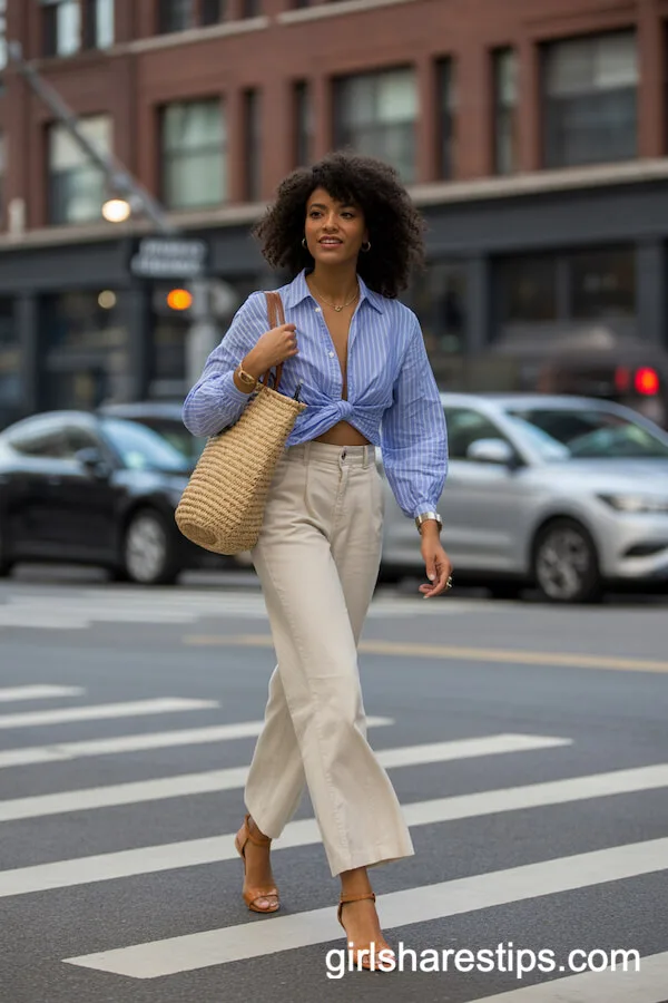 High-Waisted Beige Wide-Leg Trousers with Striped Button-Up Blouse and Straw Tote