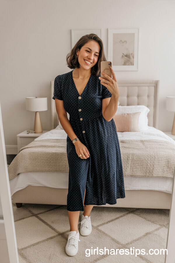 Modest Navy Polka Dot Midi Dress with White Sneakers and Subtle Jewelry