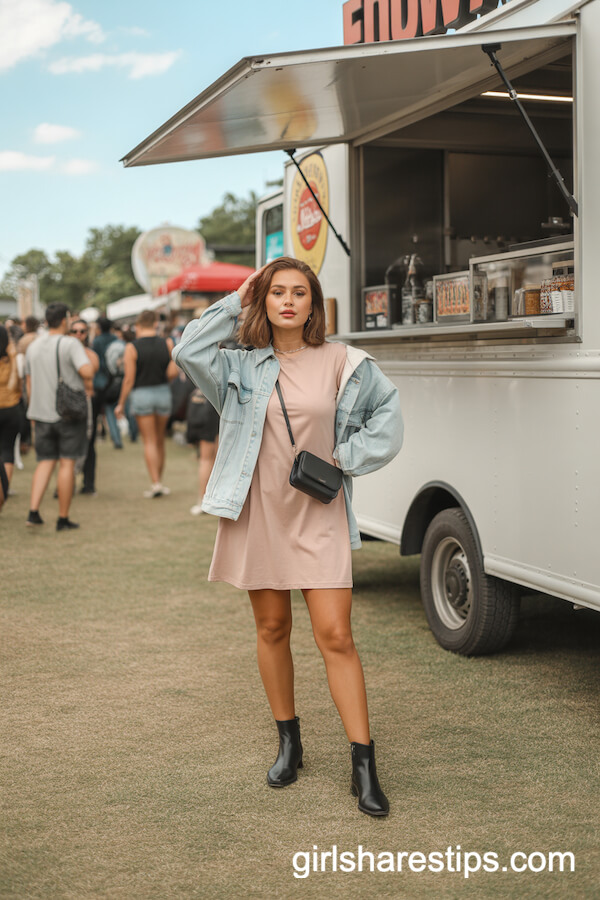Modest-Fit Pastel T-Shirt Dress with Denim Jacket and Ankle Boots