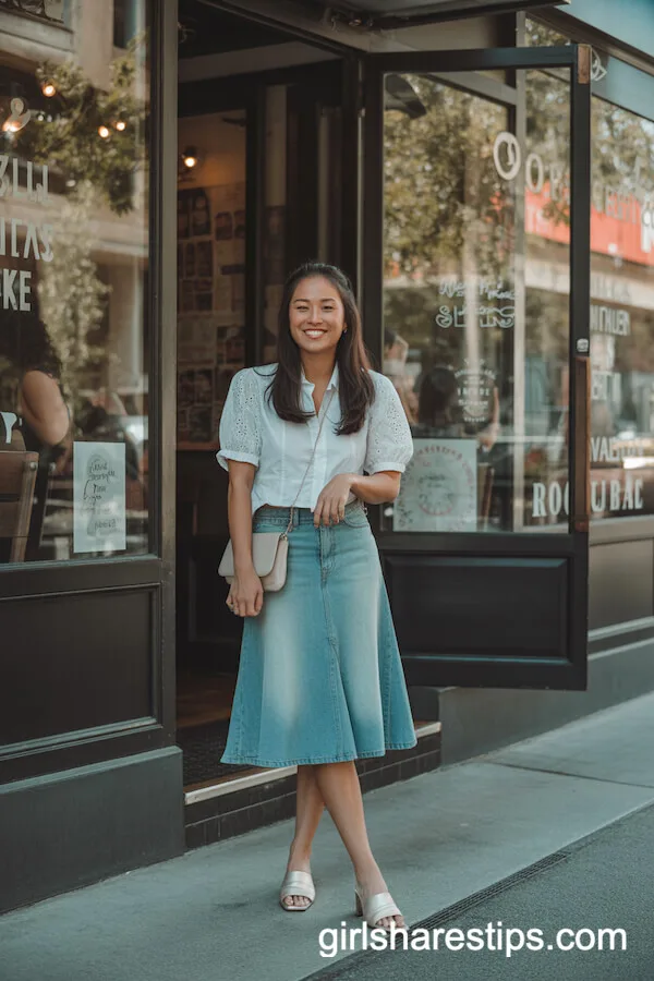 Knee-Length Denim Skirt and Puff-Sleeve Eyelet Blouse with Low-Heeled Mules